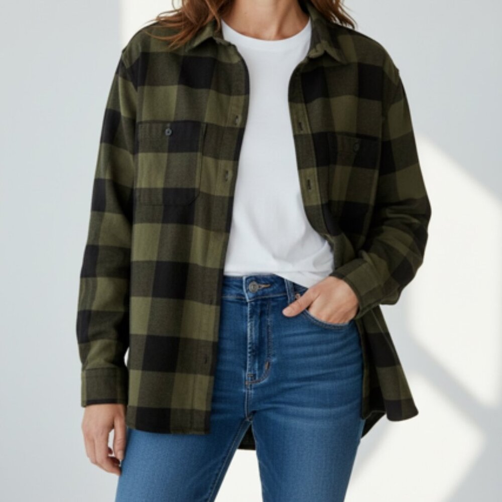 H&M Divided Long Sleeve Collared Button Down Flannel Shirt-Size XL-Grn/Blk Plaid